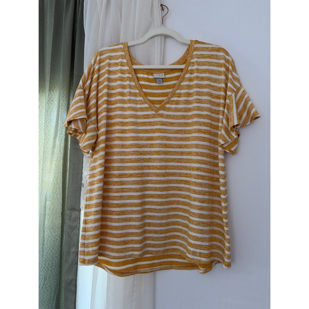 A New Day Flutter Sleeve Top Womens XXL Gold Stripe V-Neck Knit Tee